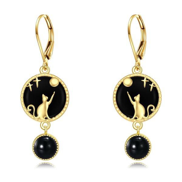 Black Onyx Cat Earrings Sterling Silver Cat Dangle Earrings 18K