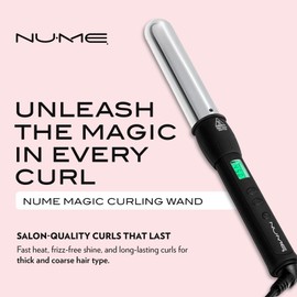 NuMe Magic Titanium Ion Curling Iron 32mm Wand - Dual Voltage, Negative Ion Conditioning, Far Infrared Heat - for Thick Hard-to-Curl Hair, Black