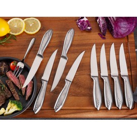 Serrated Steak Knife 8 Piece Set, German High Carbon Stainless Steel Blade for Home Restaurant - Silver