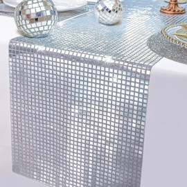 Snowkingdom 13 x 108 Inches Glitter Disco Party Table Runner Mirror Silver Runner Retro 70s 80s Theme Disco Ball Table Decorations Birthday Bachelorette Dance Party Supplies