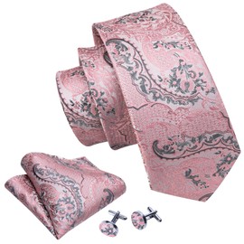 Barry.Wang Men Ties Paisley Woven Silk Necktie Set with Pocket Suqare Cufflinks Formal (Pink Floral)