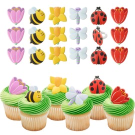 DecoPac Springtime Blooms Cupcake Toppers, 24 Cupcake Rings, Flowers, Bees, Ladybug, And More, Food Safe Spring Decorations - 24 Pack