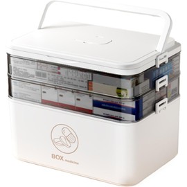 Caja de Almacenamiento de Medicamentos - Botiquín de Primeros Auxilios de 3 Niveles con Particiones, Mango y Bandejas Duales, Caja de Medicina de Emergencia Portátil y Práctica (Leche blanca)