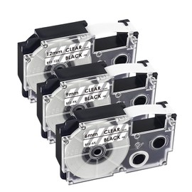 YUU Compatible Casio Nameland 0.5 inch (12 mm), 0.3 inch (9 mm), 0.2 inch (6 mm) Tape, Transparent, Black Letters, CASIO NAMELAND Tape Cartridge, Label Writer, KL-V460 Tape, Transparent, Set of 3