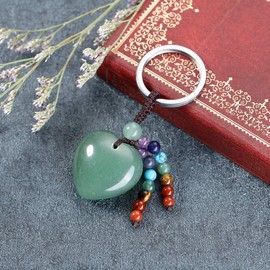 JSDDE Heart Keyring with Chakra Tassel Love Key Ring Natural Gemstones Heart Pendant Healing Reiki Lucky Charm Keychain Gift for Lovers Girlfriends Mum, Aventurine