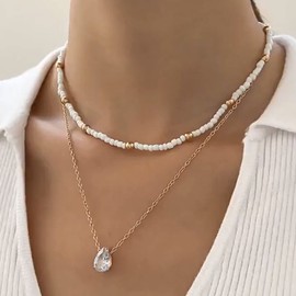 Aneneiceera Boho Layered Beads Choker Necklace Chain Water Drop Rhinestone Necklaces Vintage Gold Layered Teardrop Crystal Pendant Necklace White Beads Strand Necklace Jewellery for Women, Metal