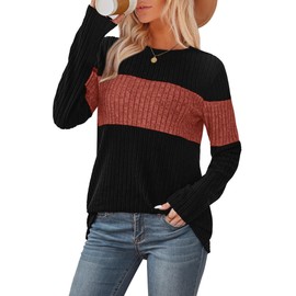 Womens Early Fall Fashion 2025 Trendy Clothes Long Sleeve Tops Fall Sweaters Color Block Women's Tops Black Caramel M