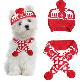 2 Pieces Christmas Pet Hat Scarf Set Winter Warm Puppy Collar Knitting Pet Hat Dog Cat Costume Accessories Adjustable Print Scarf and Hat for Small to Medium Pets (Medium, Deer)