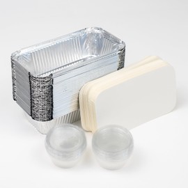 Aluminium Foil Food Containers with Lids - Pack of 50 (No6a) + 10 Free Sauce Tubs | 600ml Rectangular Disposable & Reusable Trays for Meal Prep, Takeaway, Baking, and Catering