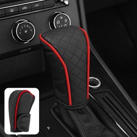 HHZL Leather Car Gear Shift Knob Cover, Exquisite Embroidery Design, Durable Anti-Slip Shifter Lever Protector, Universal Shift Knob Decoration Accessories for Most Car, SUV, Truck(Black & Red)