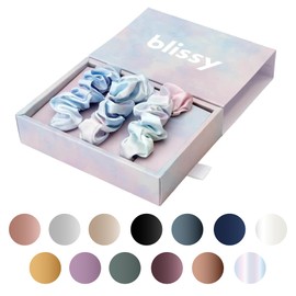 Blissy Silk Scrunchies (3 Pack) - 100% Pure Mulberry Silk - 22 Momme 6A High-Grade Fibers - Silk Scrunchie for Straight & Curly Hair - Preventing Breakage, Tangling, & Creasing (Tie Dye Skinny)