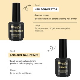 GAZEPLUS Nail Dehydrator and Primer Set, 15ML Acid-Free Natural Nail Dehydrator & Nail Primer Professional and Long-lasting for Acrylic Gel Nail Gel Polish Extension Gel False Nails and Powders