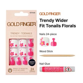 GoldFinger Trendy Press On Fake Toenail Kit Wider Fit, Cute Flower Print & High Pigment Pink Color, Ready to Wear Gel & Manicure Stick, Mini Glue included, Long-Lasting Convenient & Easy to Apply