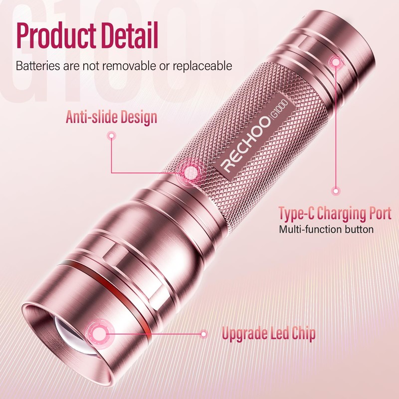 Rechargeable Flashlights High Lumens, G1000 Super Bright Flash Light Pink,
