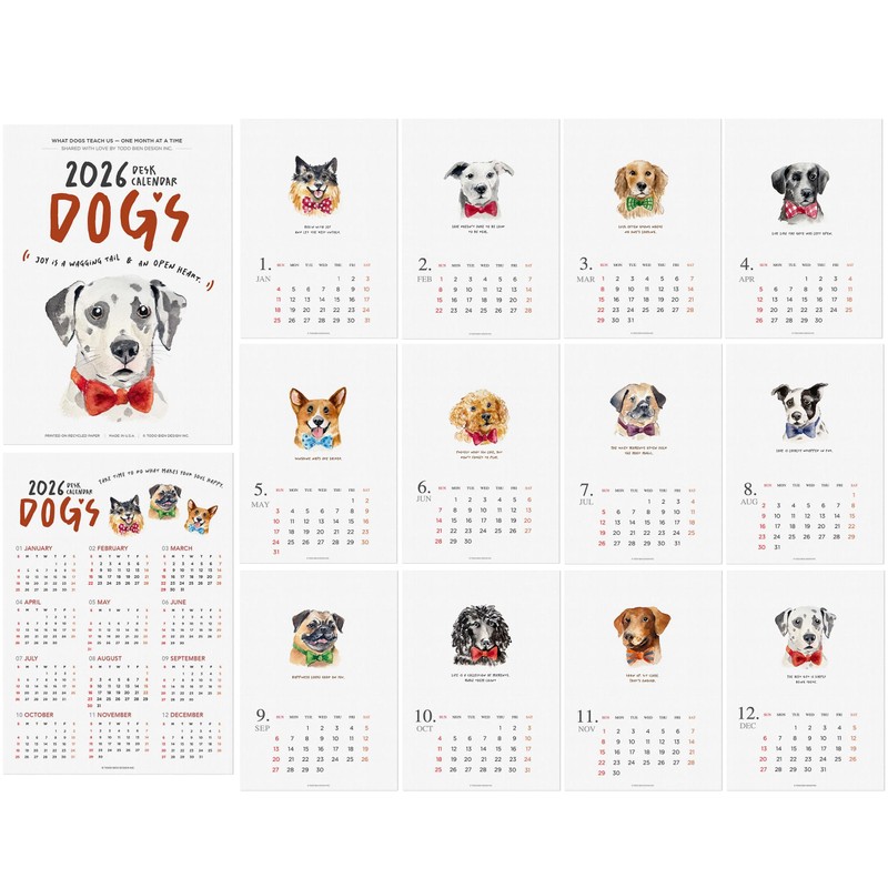 2026 Desk Calendar - Dogs Watercolor Monthly Calendar with motivational