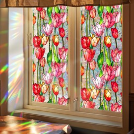 Runtoo Window Privacy Film Rainbow Tulip Flowers Window Clings 3D Decorative Window Vinyl Stained Glass Floral Window Decals Static Cling Window Sticker Non-Adhesive, 15.75 x 40 inches