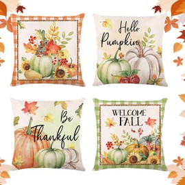 Bekecidi Set of 4 Fall Pillow Covers, 45 x 45cm Fall Decor Pumpkin Cushion Covers Maple Leaf Cushion Covers Cushion Case for Fall Thanksgiving Sofa Bedroom Home Office Decor