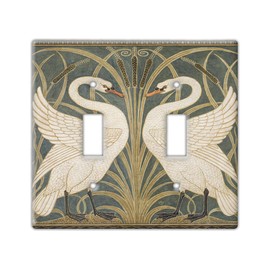 Decorative Wall Switch Cover Plate - Swan, Rush and Iris Decor Switch Plate - Beautiful Symmetrical Art Piece With Lots of Dark Green, Gold, and Off-white (Double Toggle Switch Cover)