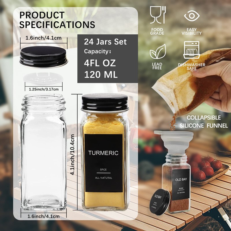 GPOVVIMX 24 Pcs Glass Spice Jars with 408 Labels, 4oz