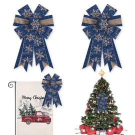 Glodecart 2PCS Christmas Bow for Wreath, Glitter Snowflake Blue Wreath Bow for Christmas Décor Winter Bow for Front Door Indoor Outdoor Wall Tree Topper Decoration Supplies Garland Hanging Ornament