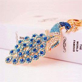 JewelBeauty Peacock Bird Crystal Rhinestone Alloy Metal Keychain Key Chain Key Ring Charm Pendant Gift (Blue)