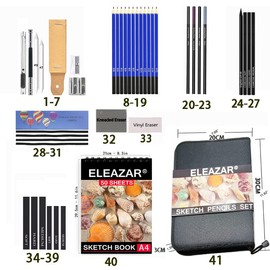 ELEAZARDrawing pencils with sketch book 50 pages A4, drawing pencils and sketching kit, 41-piece complete artist kit including graphite pencil, pastel stick and eraser, professional sketching pencil kit for drawing…
