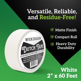 WickedGood White Gaffers Tape - Fabric Tape for Photography, Conceal Cords - Professional Grade Adhesive Cloth, Heavy Duty, No Residue, Non Reflective Matte for Outdoor, Indoor Use (2" x 60ft)