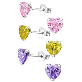 925 Sterling Silver Set of 3 Pairs Easter Pastel CZ Heart Stud Earrings for Girls (Nickel Free)