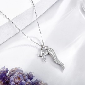 DAYLINLOVE Cornicello Necklace 925 Sterling Silver Italian Horn Chain Cross Pendant Lucky Protection Amulet Jewellery Gift for Women Girls Ladies, Sterling Silver, No Gemstone