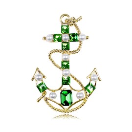 FAIRYGATE Brooches Baroque Anchor Brooch Pin Pearl Green Rhinestone Fashion Nautical Cross Anchor Corsage Decoration Lapel Pins Elegant Personality Clothing Jewelry Alloy B2329