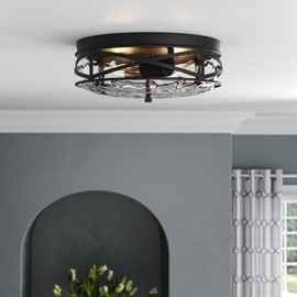 Aiwen Round Flush Mount Ceiling Light Fixture, Contemporary 2-light Close to Lighting, Clear Water Ripple Drum Glass Shade, Vintage Bronze Finish, for Farmhouse Kitchen Dining Room Bedroom Hallway