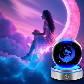 ShimmerLoom 3D Moon Fairy Crystal Ball Night Light - LED Color-Changing Lamp with Laser Engraved Girl on Moon, Magical Decor & Gift for Fairy Fans, Girls, Fairy Lovers, and Dreamers