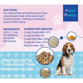 FuzziPawzy Freeze Dried Chicken Liver Treats Toppers, Organic, Single Fresh Raw Ingredient, Pure Balance, Dogs Cats, Natural, Useful for Trainings, Grain Free, Gluten Free, Filler Free (4oz)