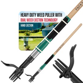 Papa's Tools Weed Puller Tool, 44" Stand Up Weeder Garden Tools & 4 Claw Steel Head, Dual Weed Eject Tech. Made With Real Bamboo & Long Wooden Handle, Yard Weeding Remover For Gardening Men & Women