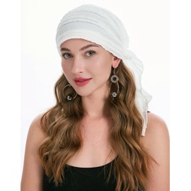 ZLYC Chemo Headwear Pre Tied Head Scarf Headwraps Lightweight Turban Beanie Cap for Women, Ruffle White