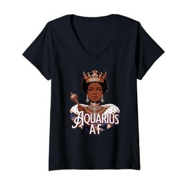 Womens Aquarius AF Vibes Queen Energy Zodiac Crown Afro Regal V-Neck T-Shirt