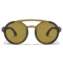 MACJERO Retro Round Steampunk Polarized Sunglasses with Leather Side Shield Vintage Goggles Gothic Eyewear for Men Women(Green)