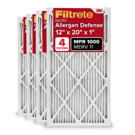 Filtrete 12x20x1 AC Furnace Air Filter, MERV 11, MPR 1000, Micro Allergen Defense, 3-Month Pleated 1-Inch Electrostatic Air Cleaning Filter, 4 Pack (Actual Size 11.81x19.81x0.81 in)