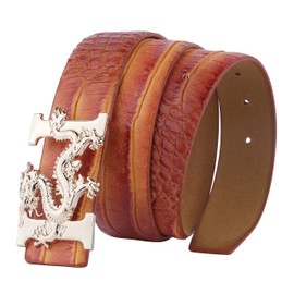 ALAKA Letter H Dragon Buckle Alligator Pattern Leather Mens Belt (Brown), Length 110cm * Width 3.8cm (L43.3'' * W1.5'')