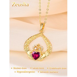 Zeuslia Claddagh Birthstone Necklace for Women 925 Sterling Silver Crown Love Irish Celtic Knot Love Heart Gold Pendant Crown Jewellery Gifts for Women on Birthday Anniversary, Sterling Silver, Ruby