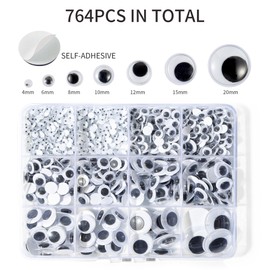 Bflaae 764pcs Black Wiggle Googly Eyes Self Adhesive, 4mm 6mm 8mm 10mm 12mm 15mm 20mm Large and Small Googly Eyes for Crafts