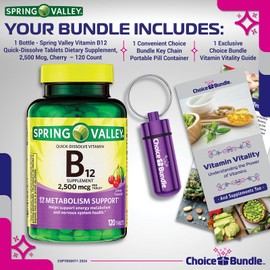 Spring Valley Vitamin B12 Quick Dissolve Tablets 2500 Mcg B Vitamins Complex 120 Ct + Vitamin Vitality & Pill Container (3 Items)!