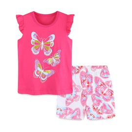 YANGLYN Toddler Girls Shorts Set Outfits for Girls Summer Graphic Short Sleeve Top Tees and Shorts Clothing Sets Butterfly Pink 3T