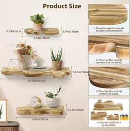 MVRPOWER 3 Sets Small Floating Shelves for Wall, 3 Size Rustic Live Edge Wooden Shelves with Invisible Metal Bracket for Living Room Bedroom Kitchen