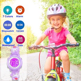Venhoo Kids Watches for Girls 3D Cartoon Waterproof 7 Color LED Digital Child Wrist Watch Unicorn Gifts - Purple
