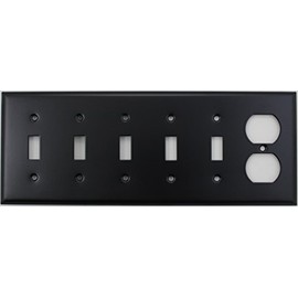 Black 6 Gang Wall Plate - 5 Toggle Switches 1 Single Duplex Outlet Cover