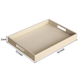 HofferRuffer Rectangle Serving Tray with Hole Handles for Coffee Table, Breakfast, Tea, Food, Butler - Countertop, Kitchen, Vanity Serve Tray, 16.2 x 12.2 x 2 inches, Faux Leather (Dark CreamWhite)