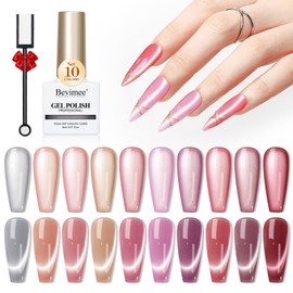 Bevimee Cateye Gel Polish Set With Magnet, Pink Purple Red 10 Colors Jelly Magnetic Gel Nail Polish Moonlight, Holographic Glass Shimmer Glitter Soak Off UV Gel Salon DIY At Home, 8ml