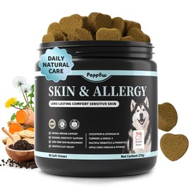 POPPAW Dog Allergy Support Chews, Probiotics for Itchy Skin & Immune Support, Rich in Turmeric, Vitamins, Colostrum and Omega-3 for Dogs Sensitive Skin, Gut, Daily Care - Chicken Flavor - 90 Count