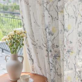 SUOUO Linen Textured Semi-Sheer White Curtains for Living Room Print Floral Grey Branch Light Filtering Window Drapes Set for Bedroom Dining 52 x 84 inch Length 2Panels Rod Pocket Yellow Flowers